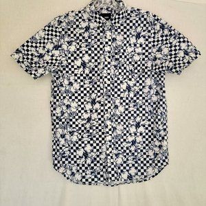 VANS Classic Fit X-Small Navy Checkerboard Tropical Print SS Button Down Shirt
